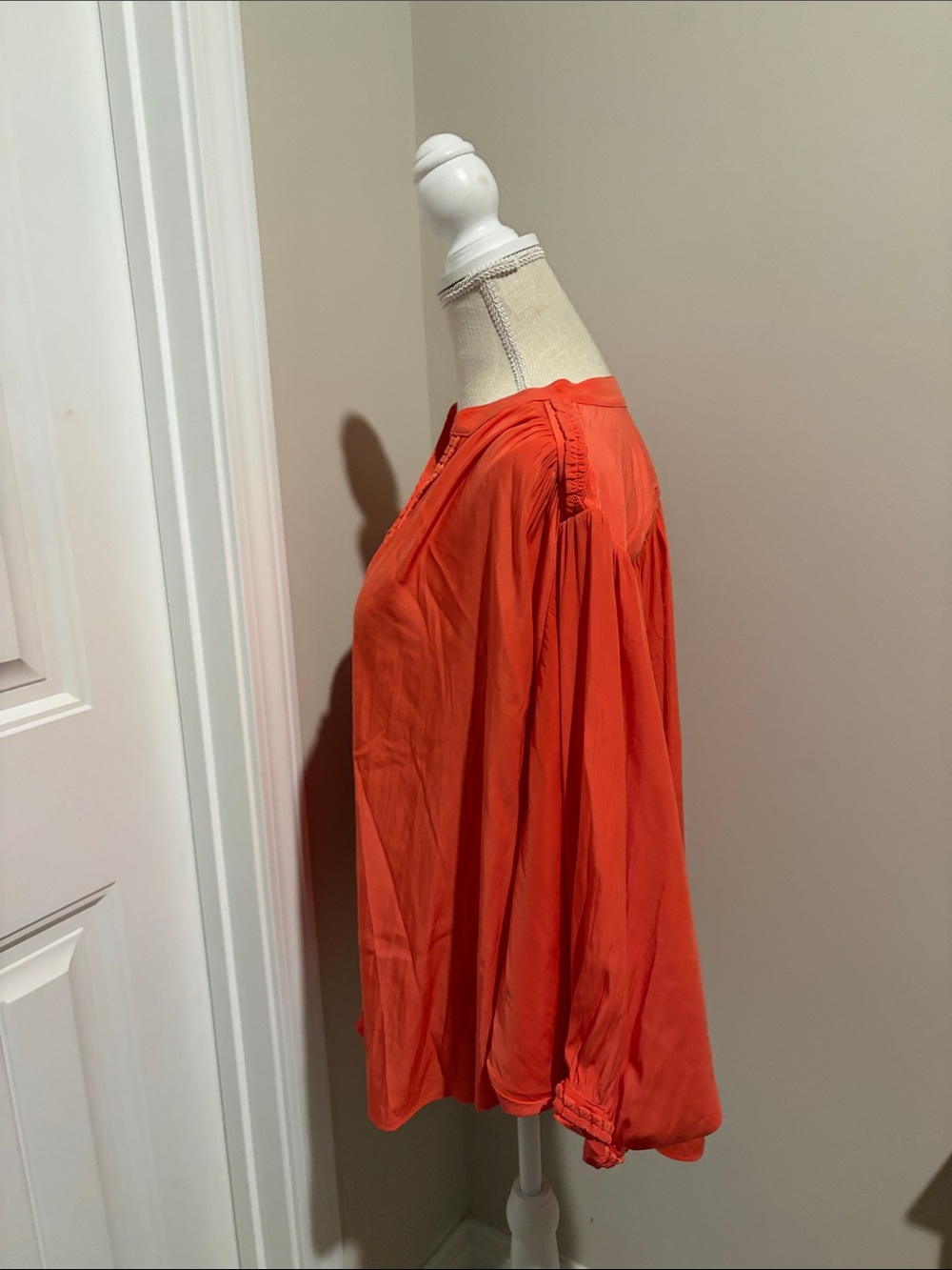Chico's Bright Orange V-Neck Braided-Trim Blouse - Picture 7 of 9